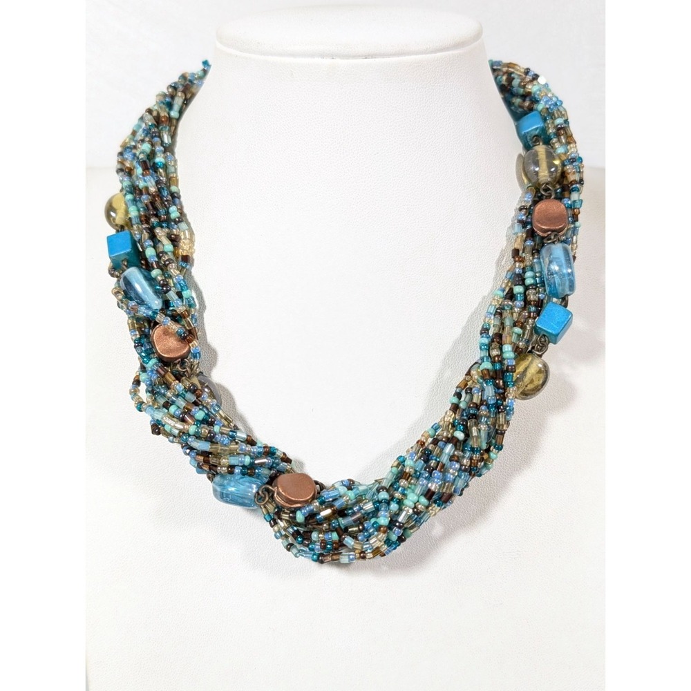Beachy Boho Blue Green Glass Bead Copper Tone Multi Twist Necklace 20"